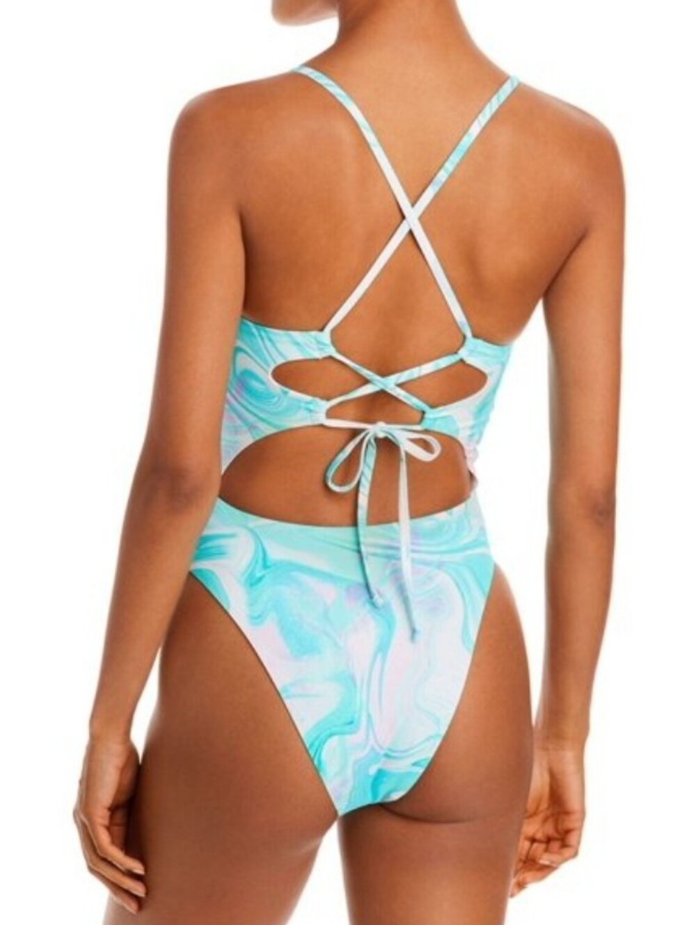Aqua Marble Cutout One-Piece Swimsuit in Aqua and White - Picture 2 of 6
